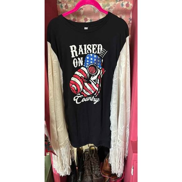 CUSTOM One of a Kind Glam Country “Raised on Country'w.Boho Lace /Fringe Sleeves - Picture 1 of 8